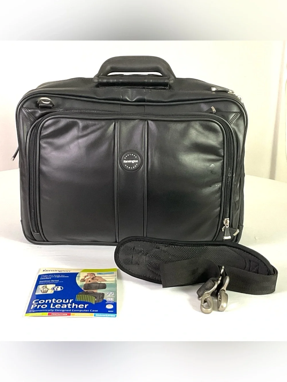 Kensington Black Leather Laptop Briefcase with Shoulder Strap